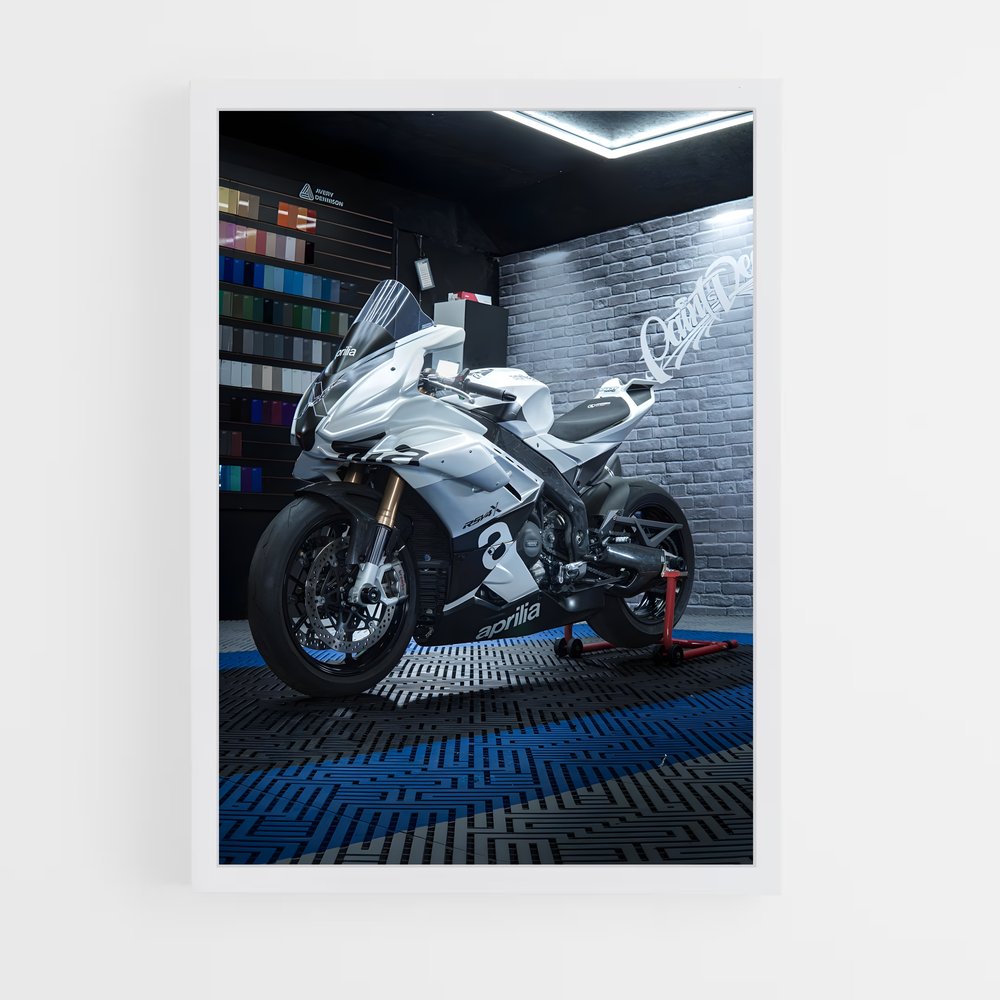 Poster Moto Blanche dans le Garage – affiche Aprilia (vue 3)